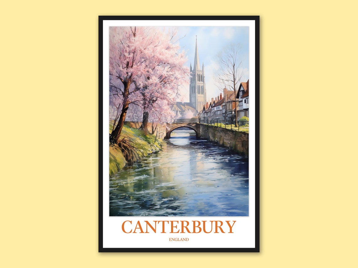 Canterbury Cathedral Spire River Watercolor England Travel Poster