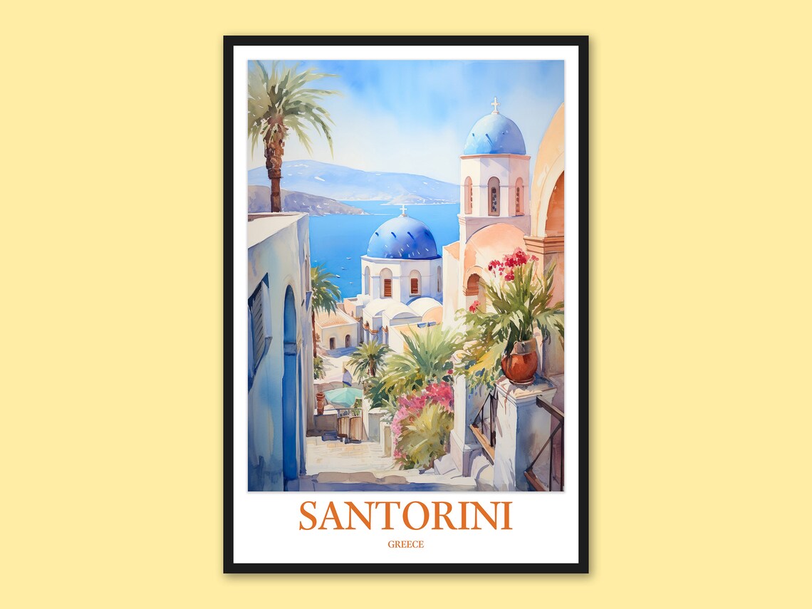 Santorini Greece Blue Domes Palm Stairway Flowers Watercolor Poster