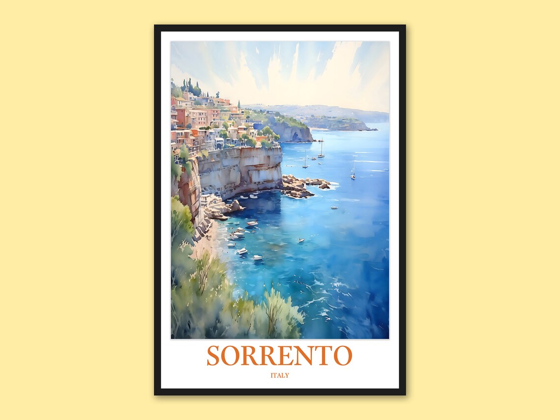 Sorrento Italy Cliffside Town Cove Watercolor Travel Poster Art