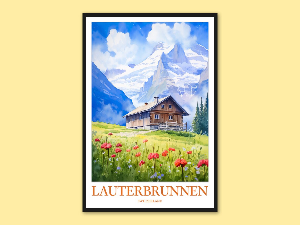 Lauterbrunnen Switzerland Wildflower Meadow Chalet Watercolor Poster