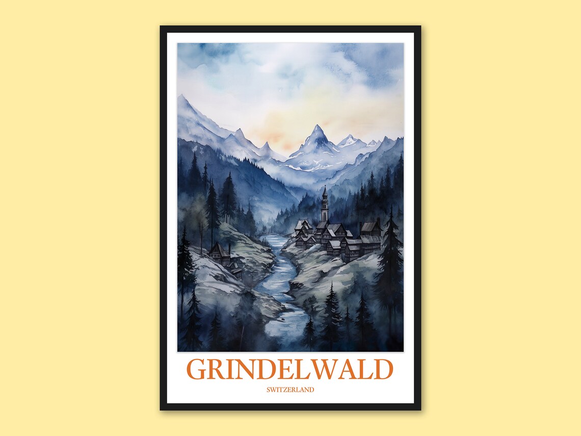 Grindelwald Watercolor Swiss Alps Village Church River Valley Poster