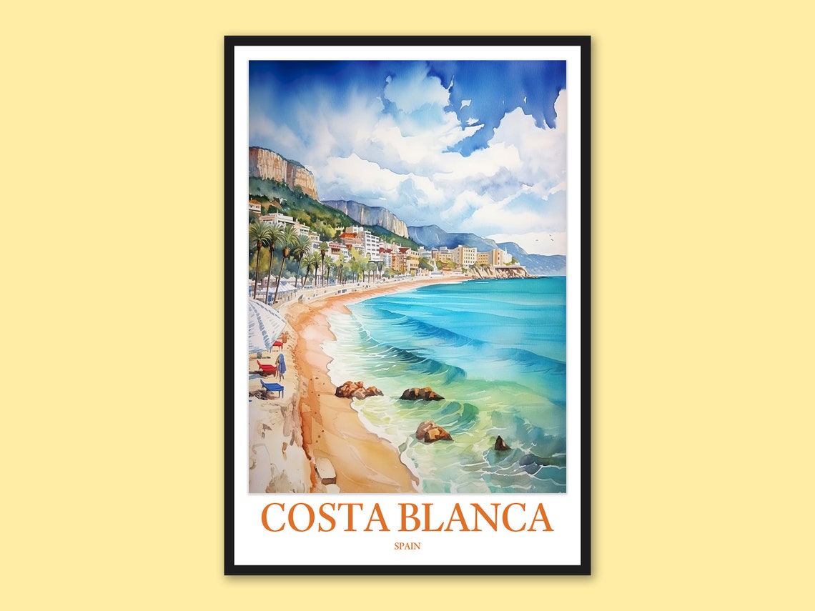 Costa Blanca Spain Sandy Beach Cliffs Resort Town Travel Poster