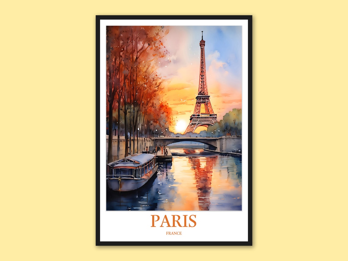 Paris France Eiffel Tower Sunset Over the Seine Watercolor Poster