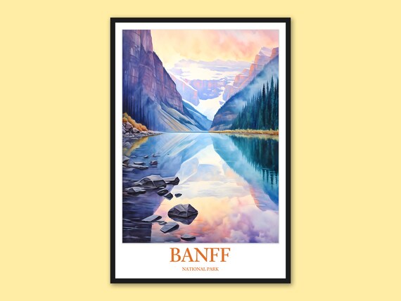 Banff National Park Pink Dawn Canyon Lake Mirror Reflection Poster