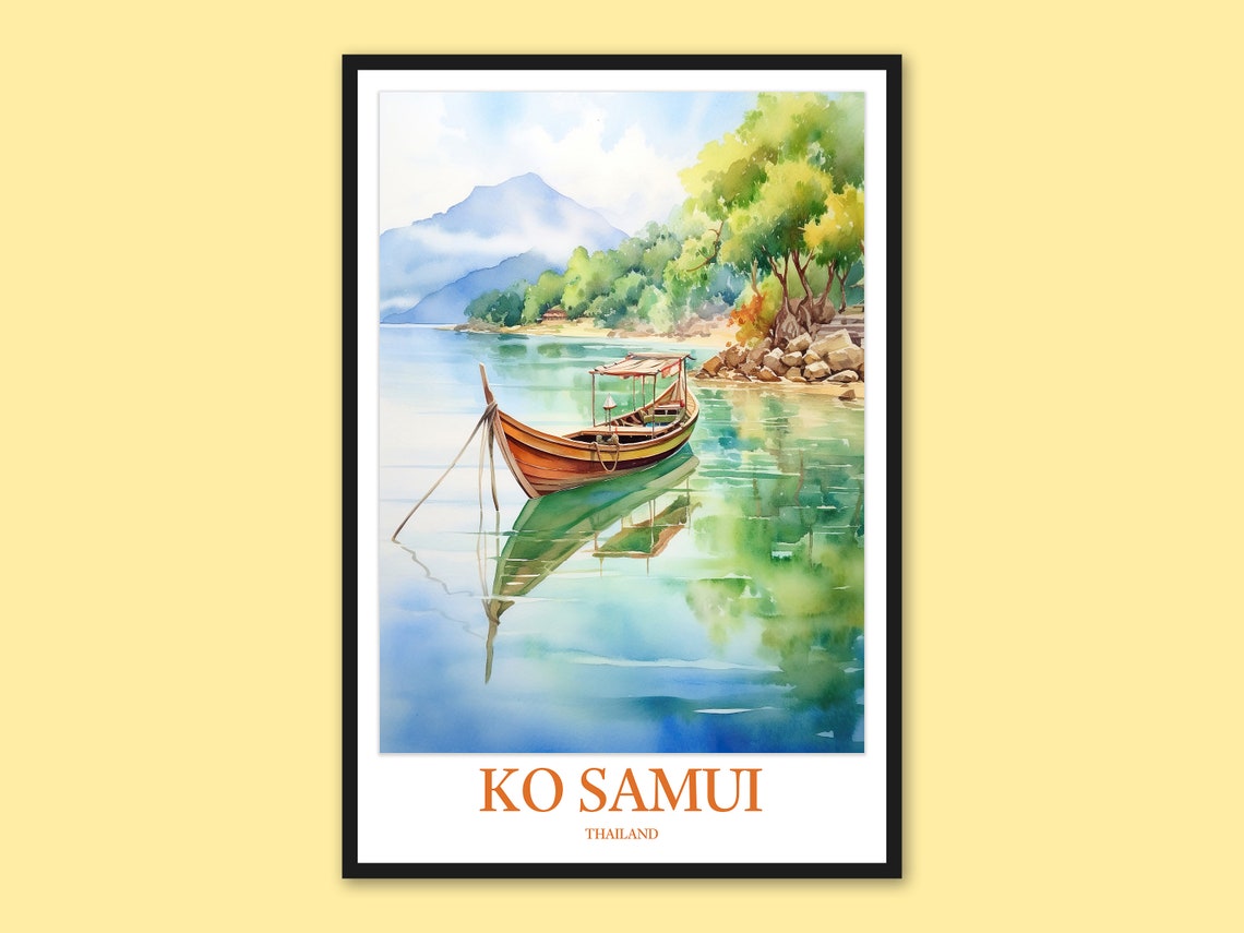 Ko Samui Thailand Longtail Boat on Glassy Calm Water Travel Poster