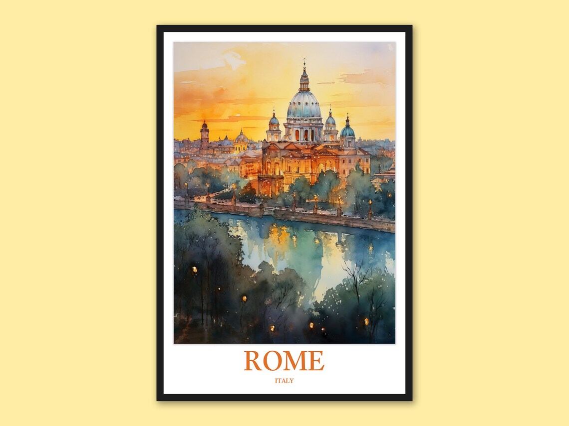 Rome Italy St Peter's Dome Sunset Over the River Watercolor Poster