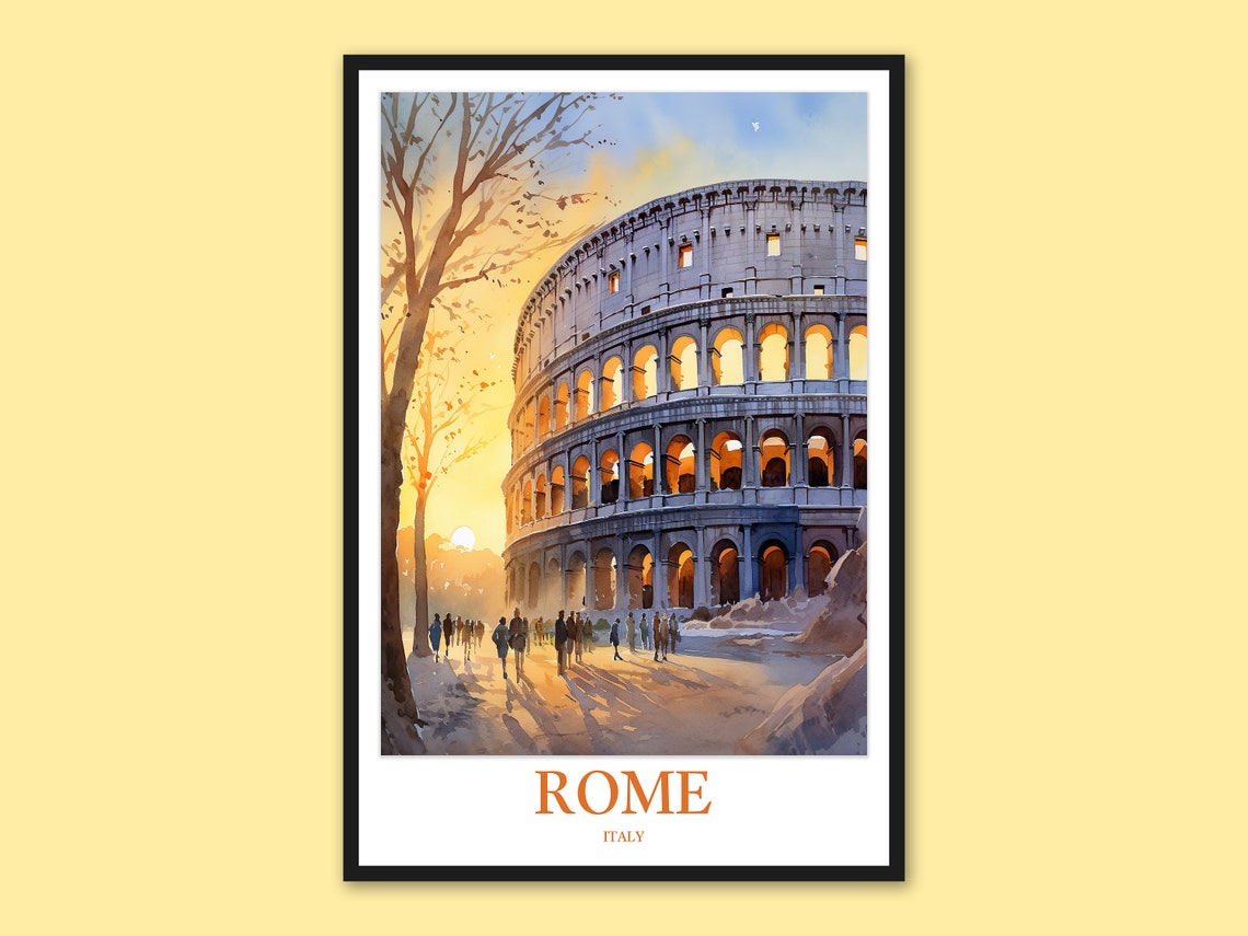 Rome Italy Colosseum Sunset Watercolor Travel Poster with Visitors