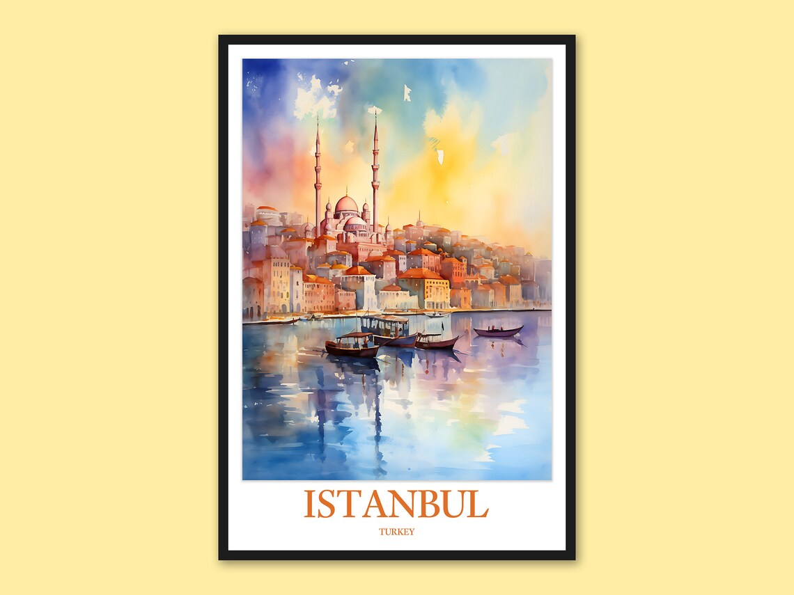 Istanbul Turkey Waterfront Mosque Boats Daytime Watercolor Poster
