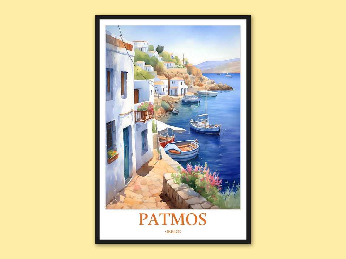 Patmos Greece Whitewashed Harbor Village Watercolor Travel Poster