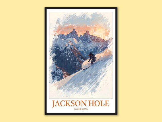 Jackson Hole Skier Powder Spray Sunset Peaks Wyoming Poster Art