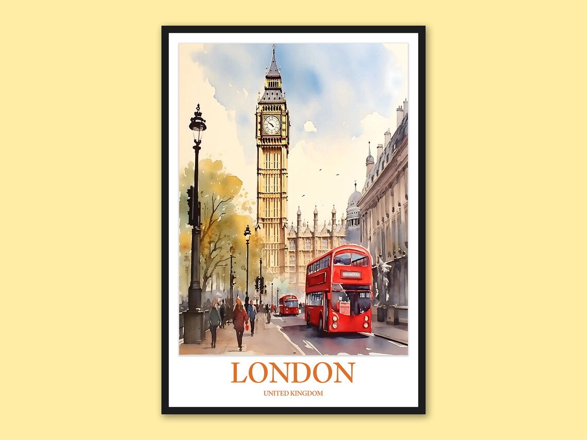 London Big Ben Red Bus Watercolor Street Scene Travel Poster