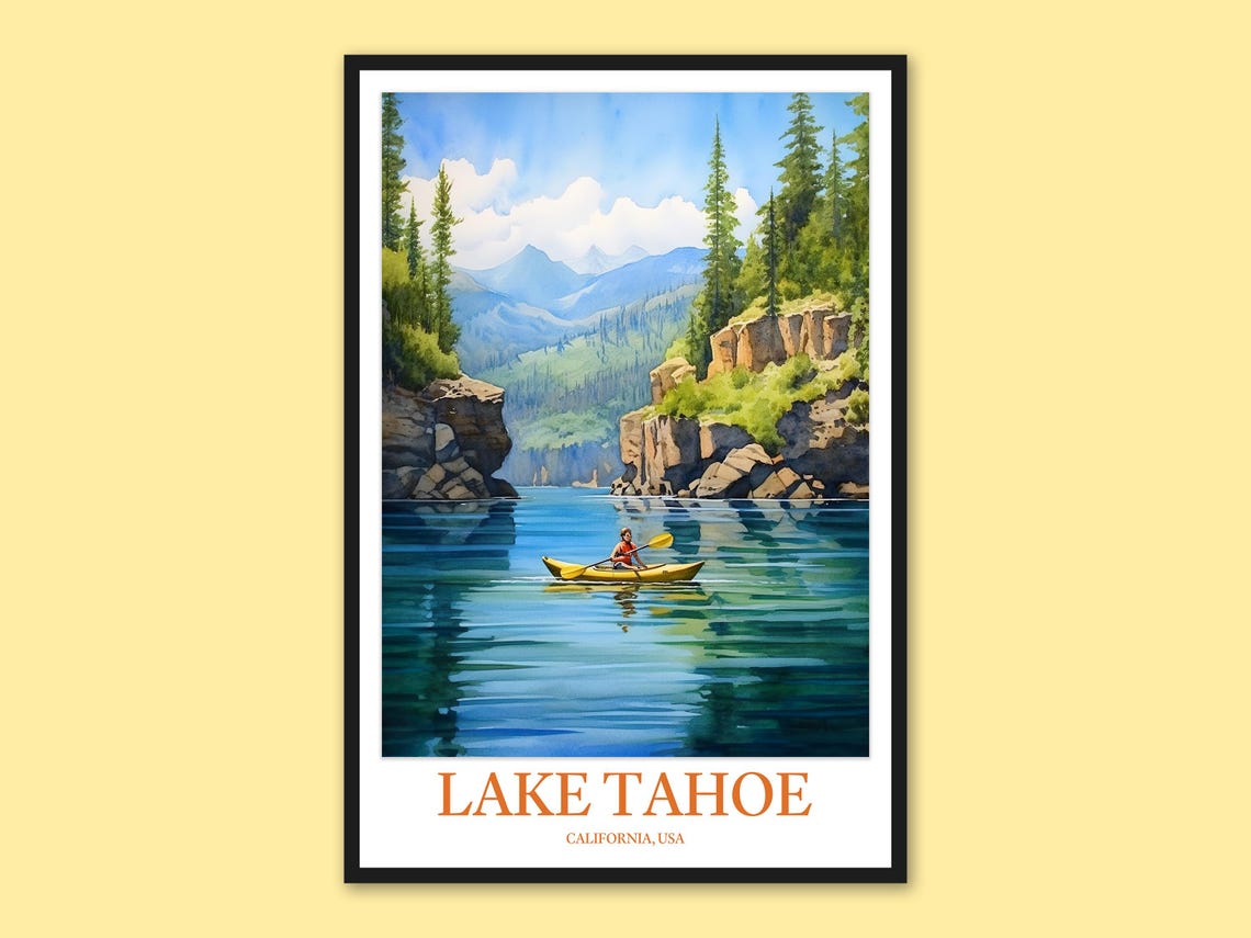 Lake Tahoe California Kayaker Emerald Cove Watercolor Poster