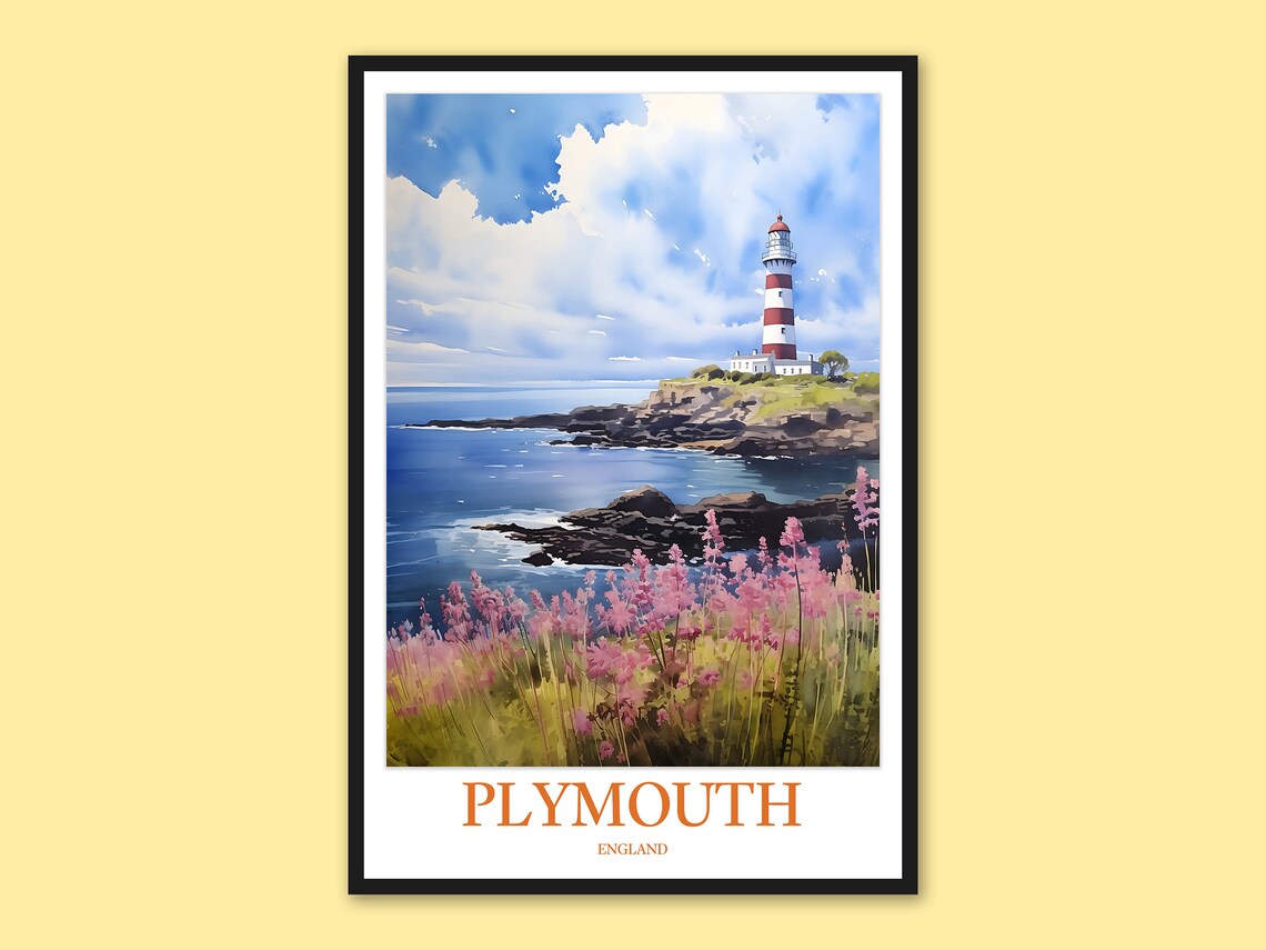 Plymouth England Lighthouse Wildflower Meadow Watercolor Travel Poster