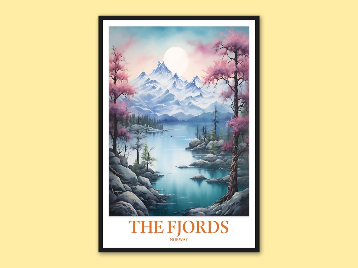 The Fjords Norway Moonlit Lake Pink Blossom Trees Spring Poster