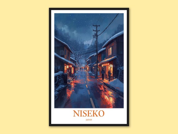 Niseko Japan Snowy Street at Night Lanterns Anime Style Poster