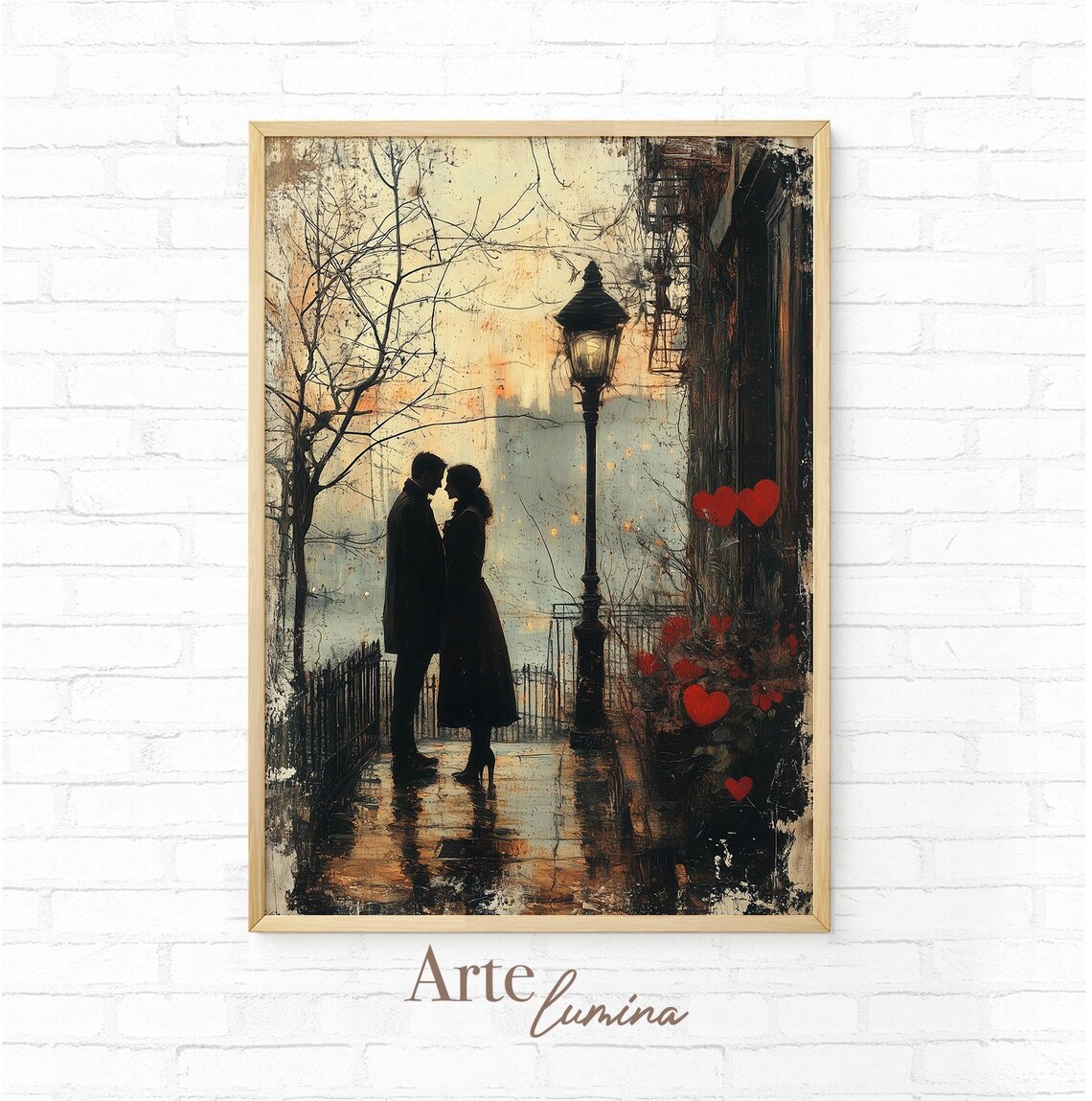 Romantic City Lovers Kiss on a Rainy Lamplit Street at Night Poster