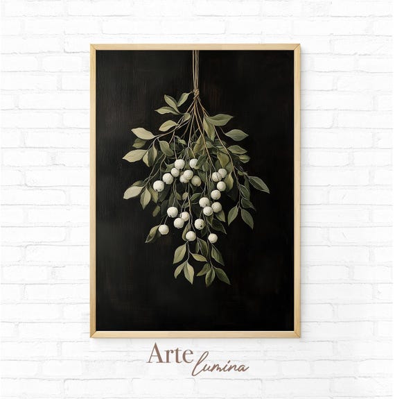 Christmas Mistletoe Painting Winter Wall Art Xmas Oil Painting Holiday Decor Moody Print 32