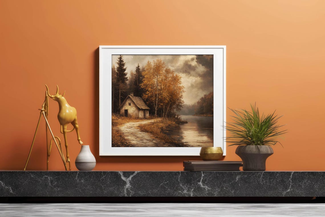 Rustic Cottage By Autumn Lake With Muddy Path Under Cloudy Sky Poster - Image 4