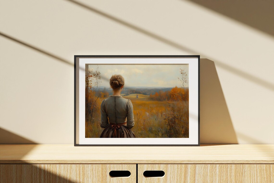Woman Overlooking Golden Autumn Field With Distant Hill Figure Art Poster - Image 2