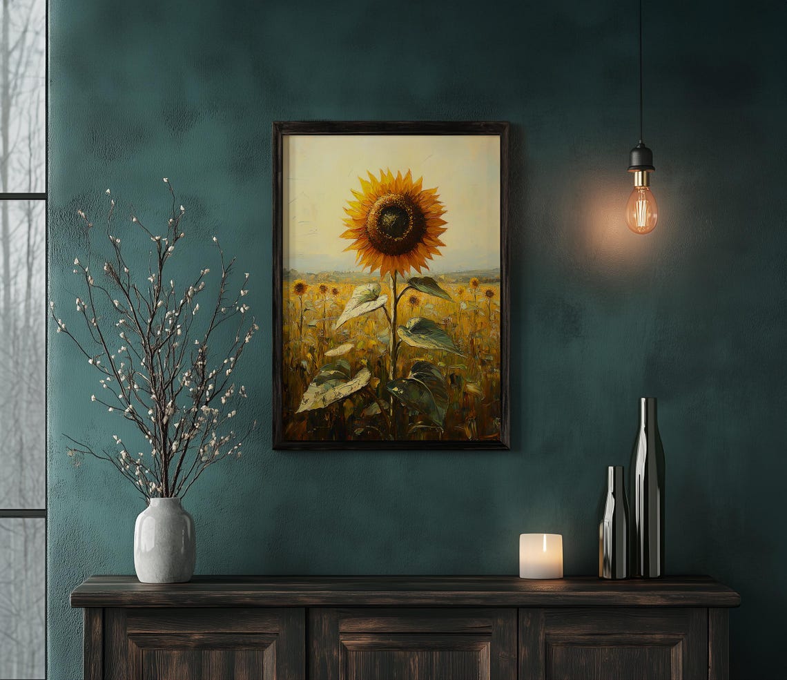 Tall Sunflower Rising Over a Golden Summer Field Painting Poster - Image 4