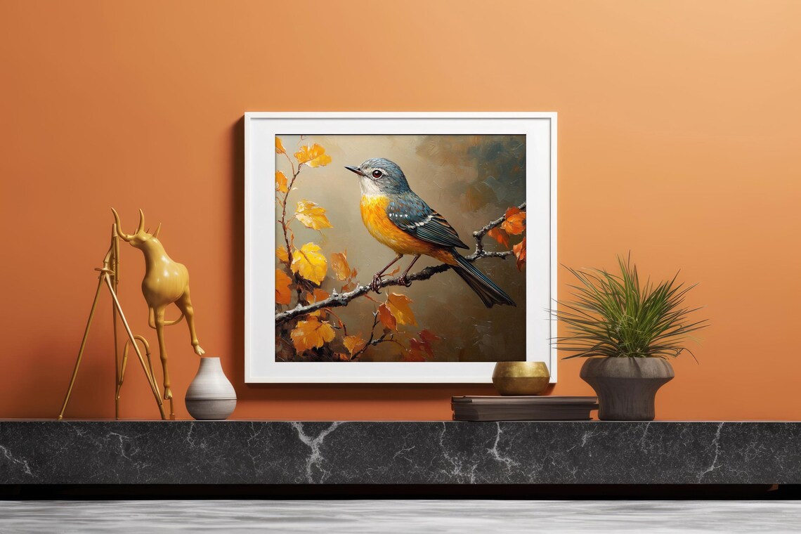 Vivid Blue and Orange Songbird on Golden Autumn Branch Poster - Image 2