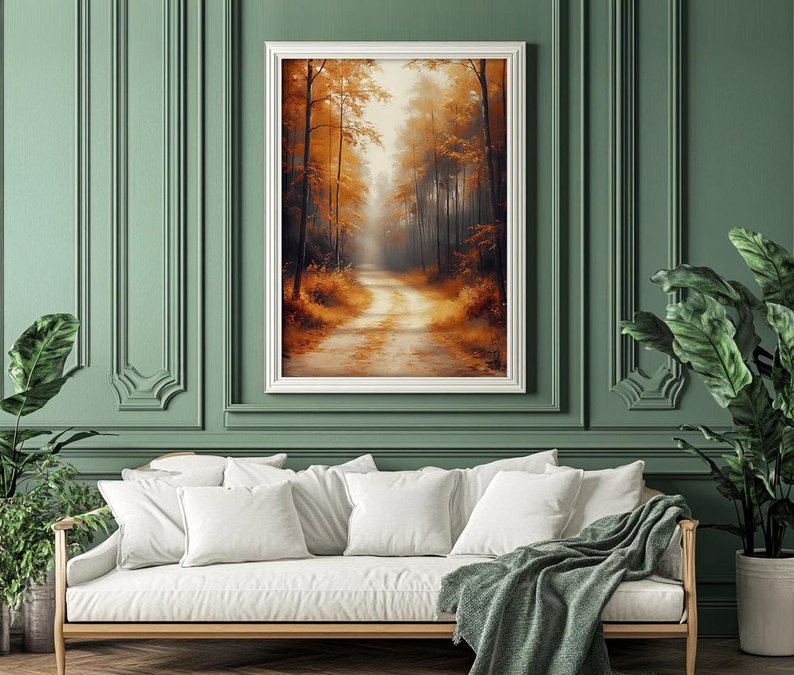 Golden Autumn Forest Path Between Towering Trees In Soft Mist Poster - Image 4