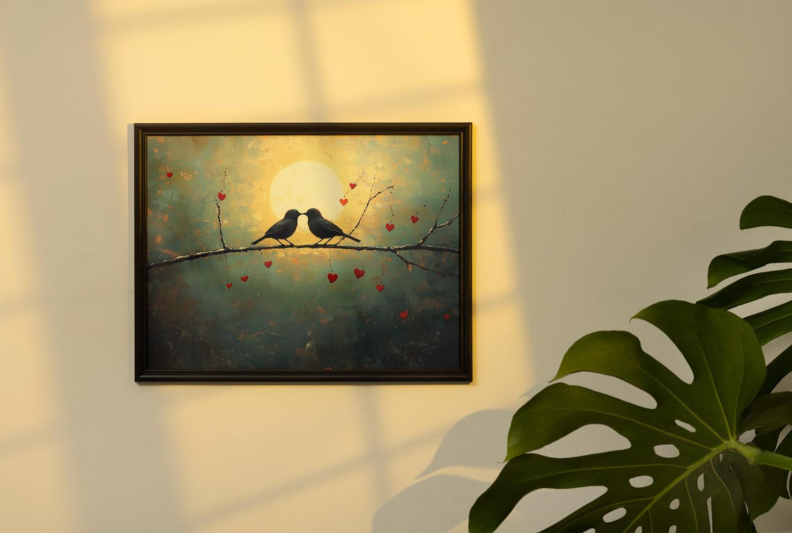Two Lovebirds Kissing on a Branch Under a Golden Full Moon Poster - Image 6