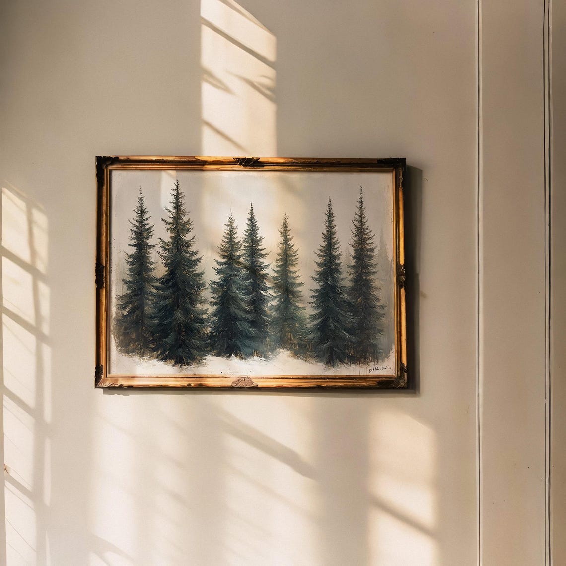 Seven Snowy Pine Trees In Winter Mist Minimalist Vintage Forest Poster