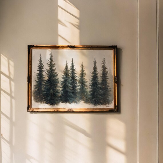 Seven Snowy Pine Trees In Winter Mist Minimalist Vintage Forest Poster