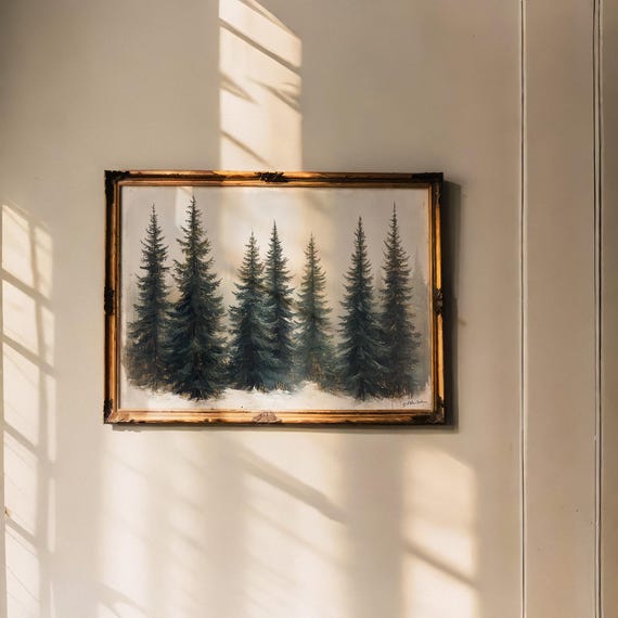 Vintage Forest Painting Rustic Minimalist Snowy Pine Tree Wall Art Winter Moody Dark Green Wall Decor Dark Academia Print 42