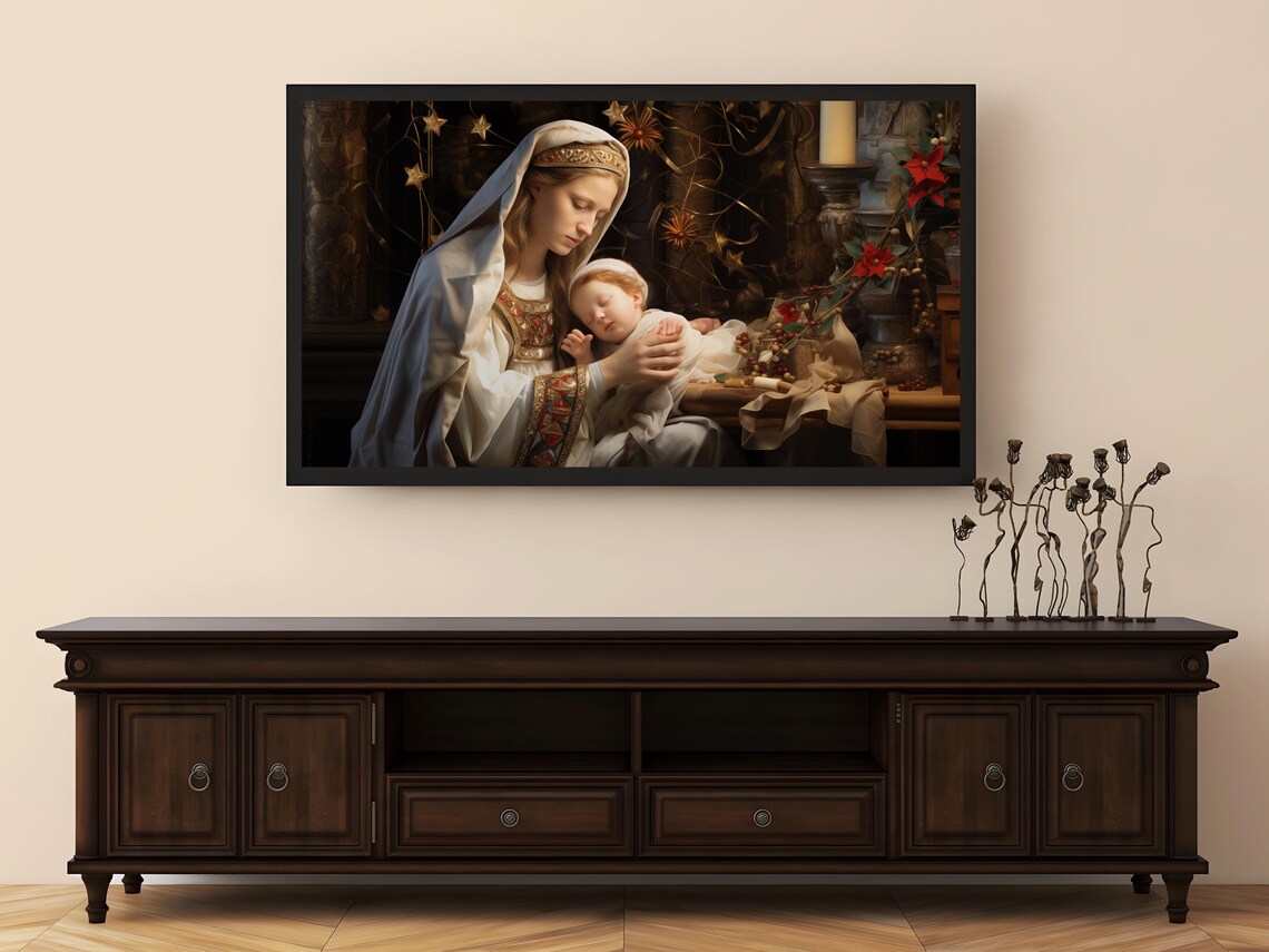 Madonna And Child With Candles And Poinsettias Christmas Art Poster - Image 6