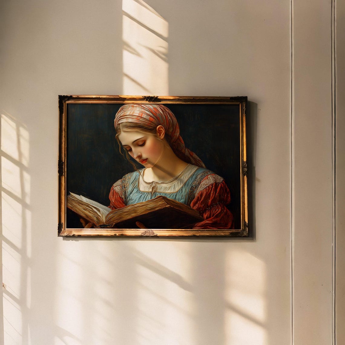 Woman In Headscarf Reading Ancient Book By Soft Candlelit Glow Poster - Image 6