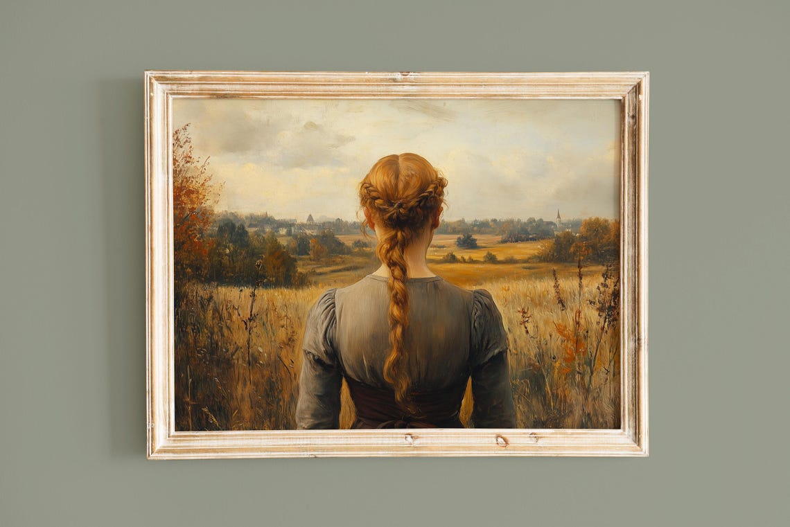 Braided Girl Gazing Over Autumn Fields Classical Painting Poster - Image 2