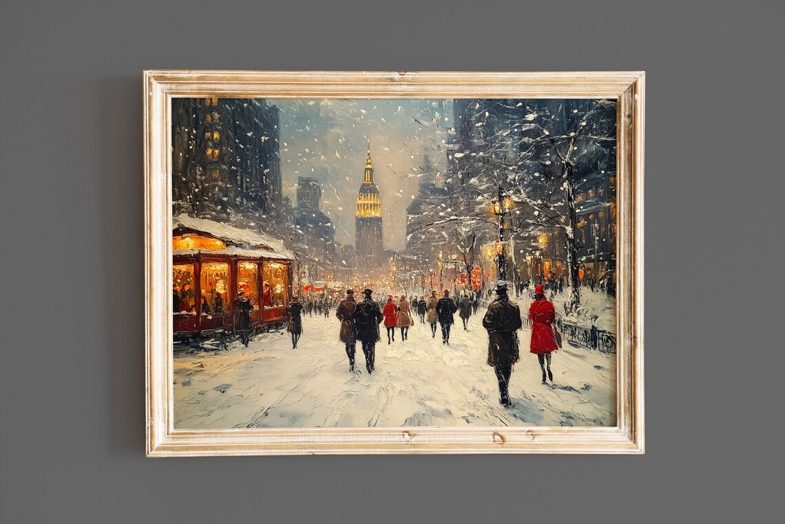 Snowy Vintage City Street With Glowing Tower Trolley And Crowds Poster - Image 7