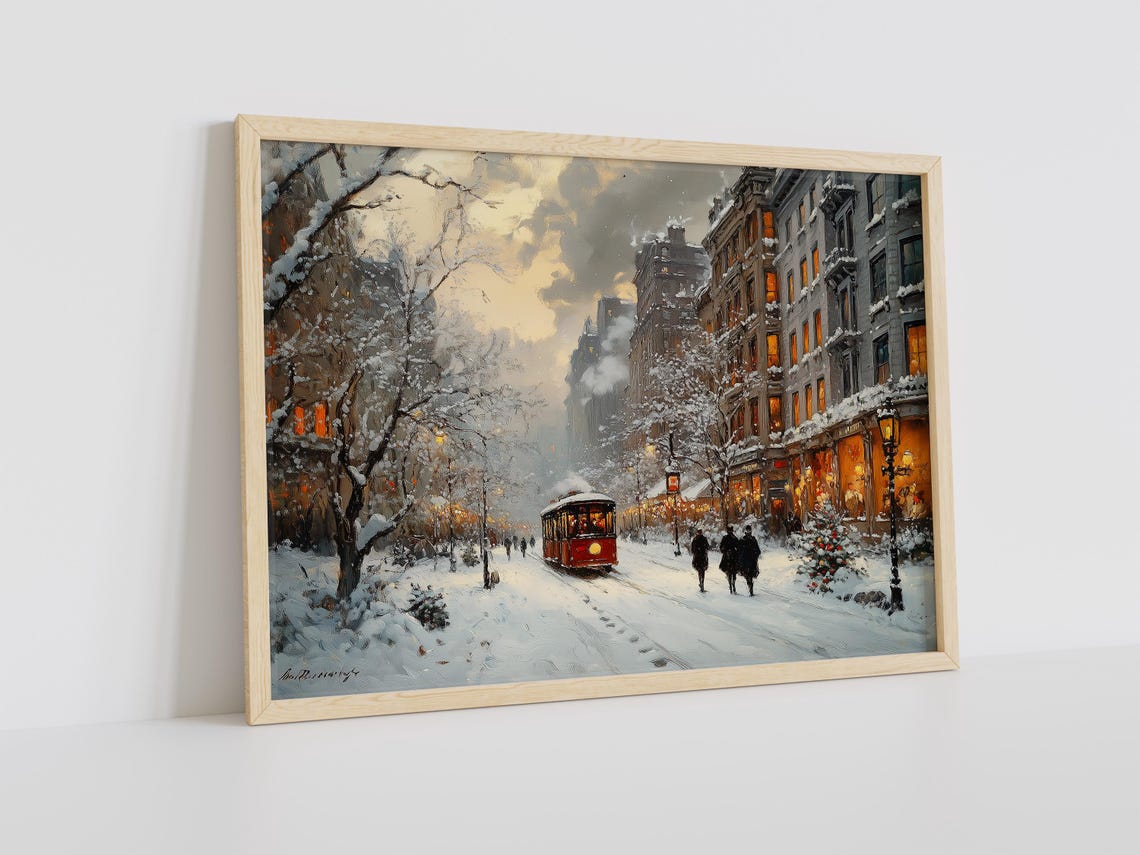 Snowy City Street with a Red Tram at Dusk Winter Painting Poster