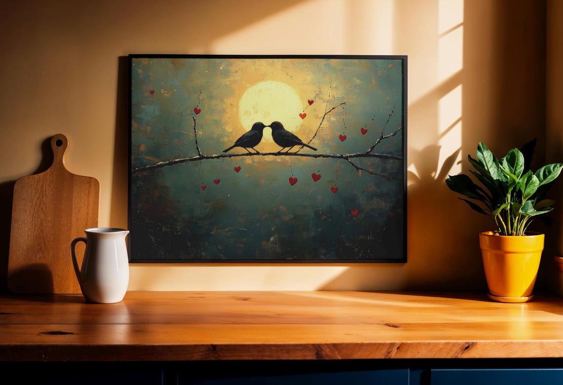 Two Lovebirds Kissing on a Branch Under a Golden Full Moon Poster - Image 3