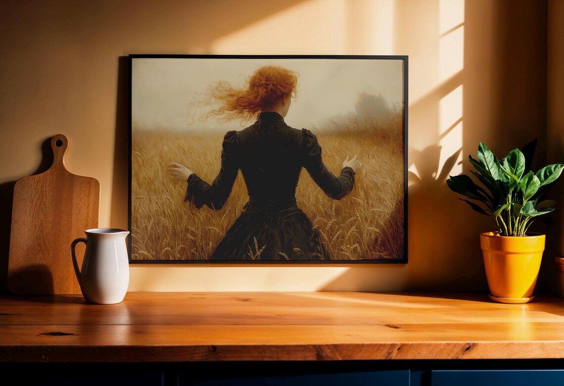 Auburn Haired Woman In Black Gown Facing Golden Wheat Field Dusk Poster - Image 5