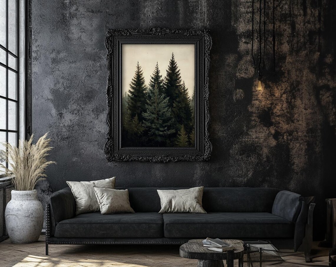 Dark Evergreen Pine Forest Moody Vintage Woodland Painting Poster - Image 2