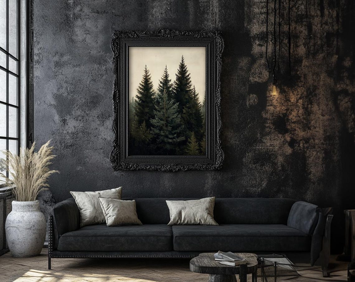 Vintage Forest Painting Rustic Pine Tree Wall Art Moody Dark Green Wall Decor Dark Academia Print 24 - Image 2