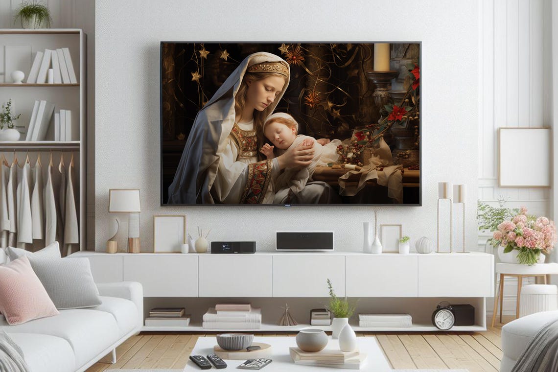 Madonna And Child With Candles And Poinsettias Christmas Art Poster - Image 7