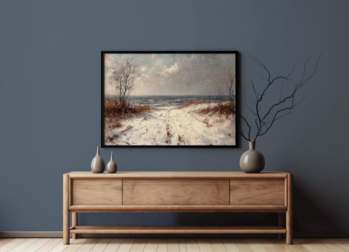 Snowy Lakeside Trail Falling Snow Winter Landscape Scene Poster - Image 2