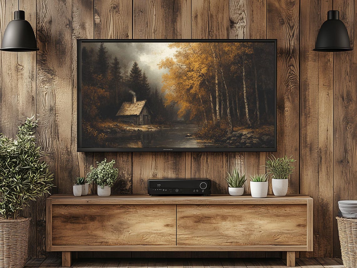 Golden Autumn Cabin Beside a Quiet Forest River Landscape Poster - Image 3