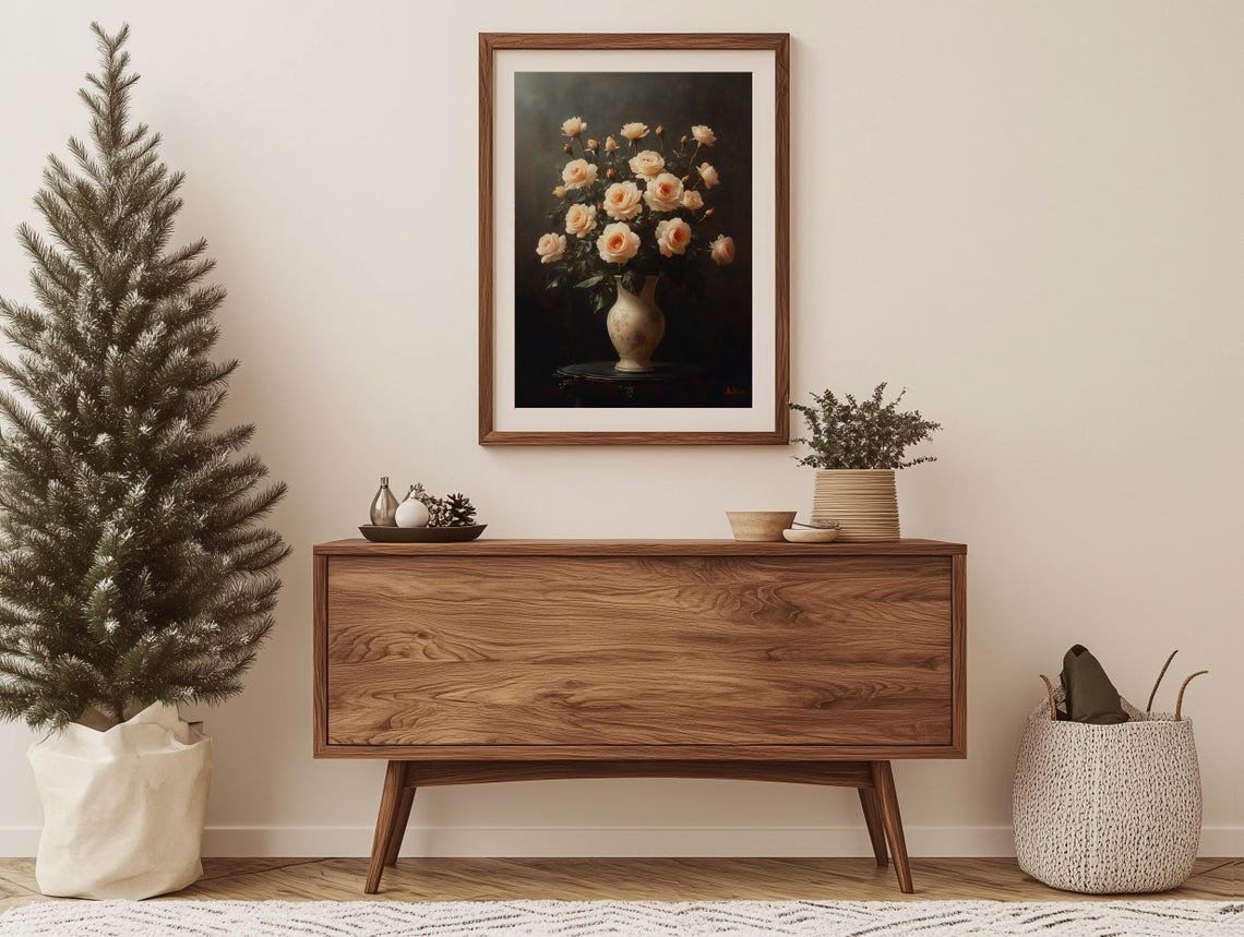 Blush Roses Bouquet in an Ornate Dark Frame Floral Art Poster - Image 2