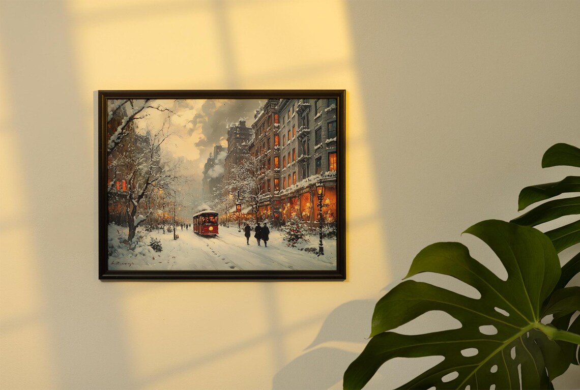 Snowy City Street with a Red Tram at Dusk Winter Painting Poster - Image 2
