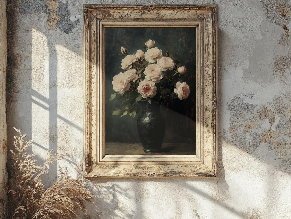 Pale Blush Roses in a Dark Vase Moody Floral Still Life Poster - Image 3