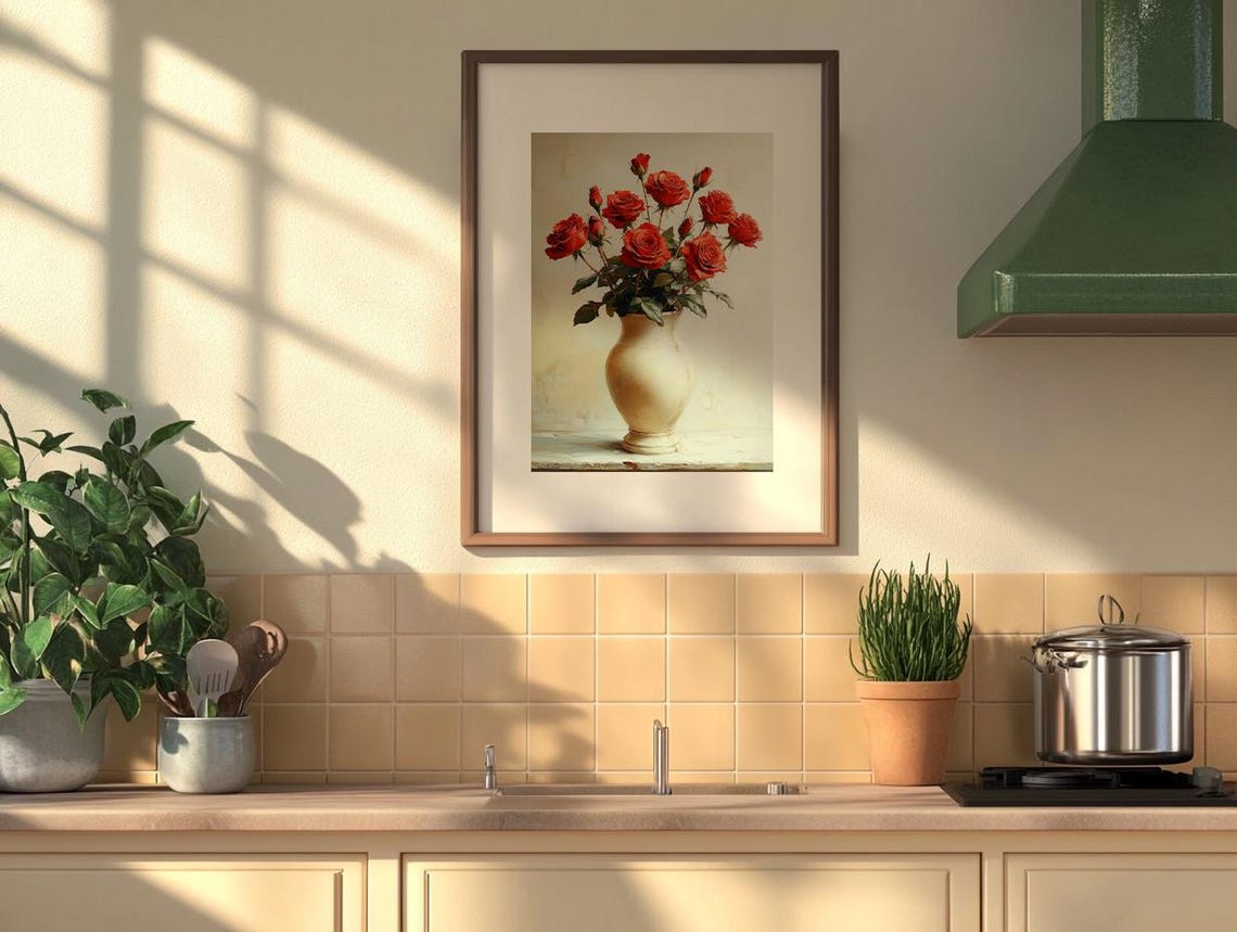 Lush Red Roses in a White Ceramic Vase Classic Floral Poster - Image 2