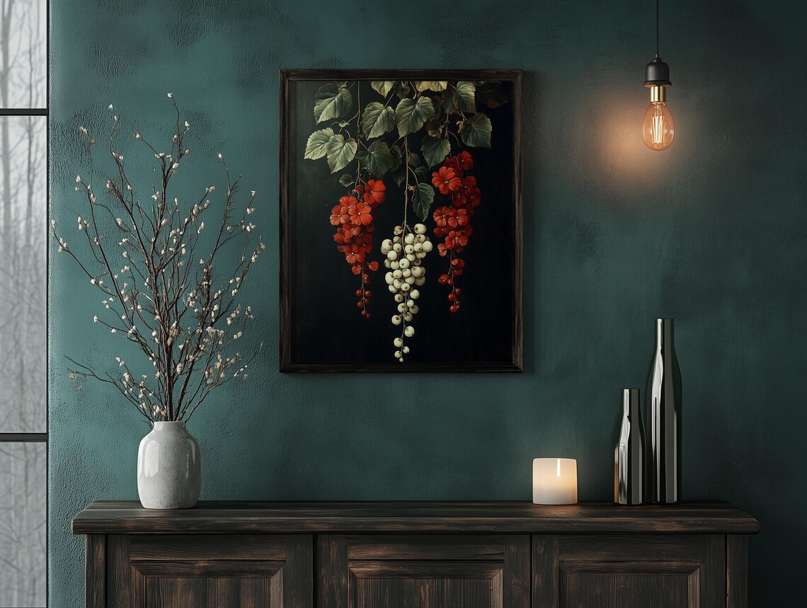 Vintage Hanging Red and White Grape Clusters Still Life Art Poster - Image 2