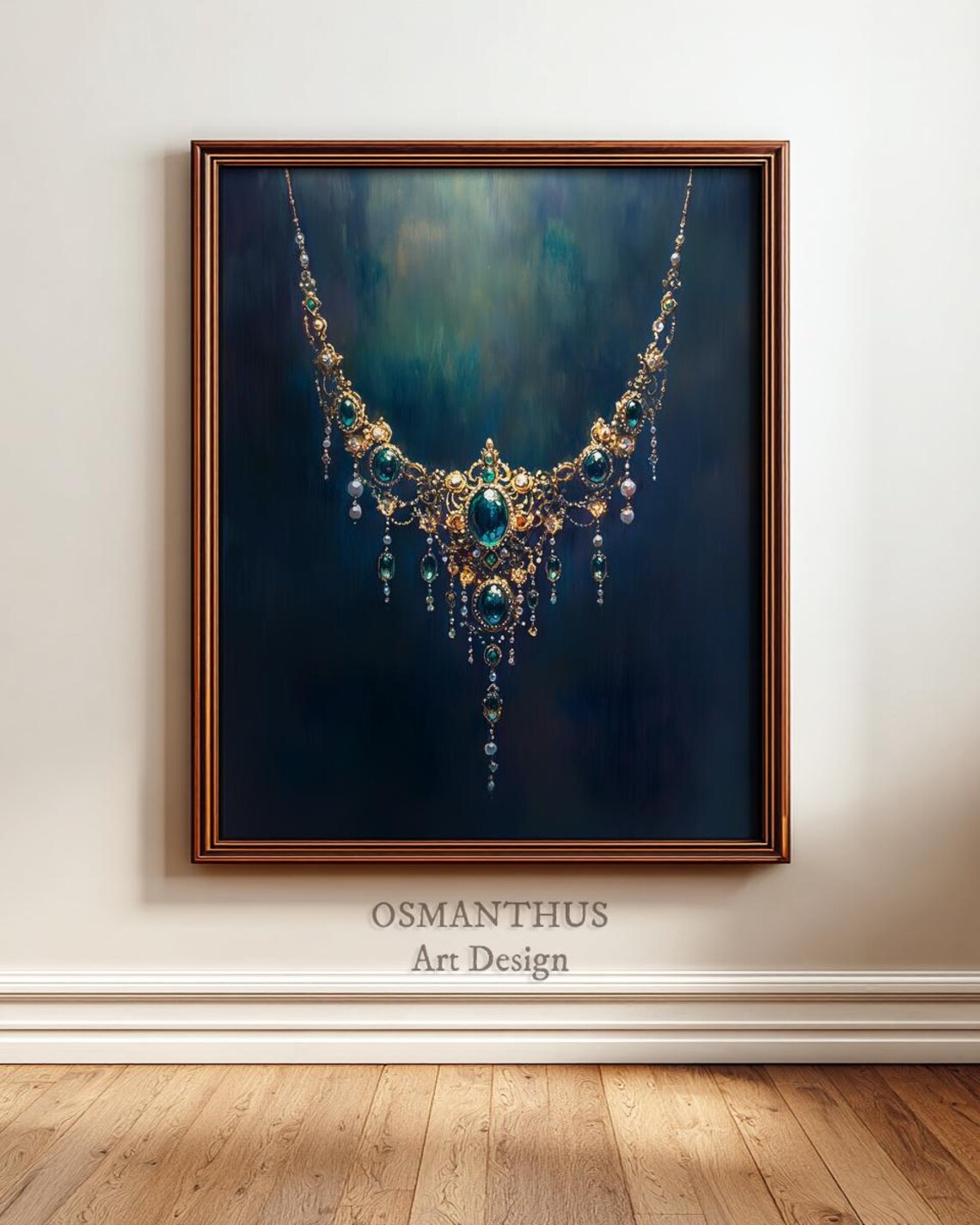 Elegant Filigree Necklace Oil Painting Art Deco Style Jewel Tones Wall Vintage Jewelry Decor Print 87