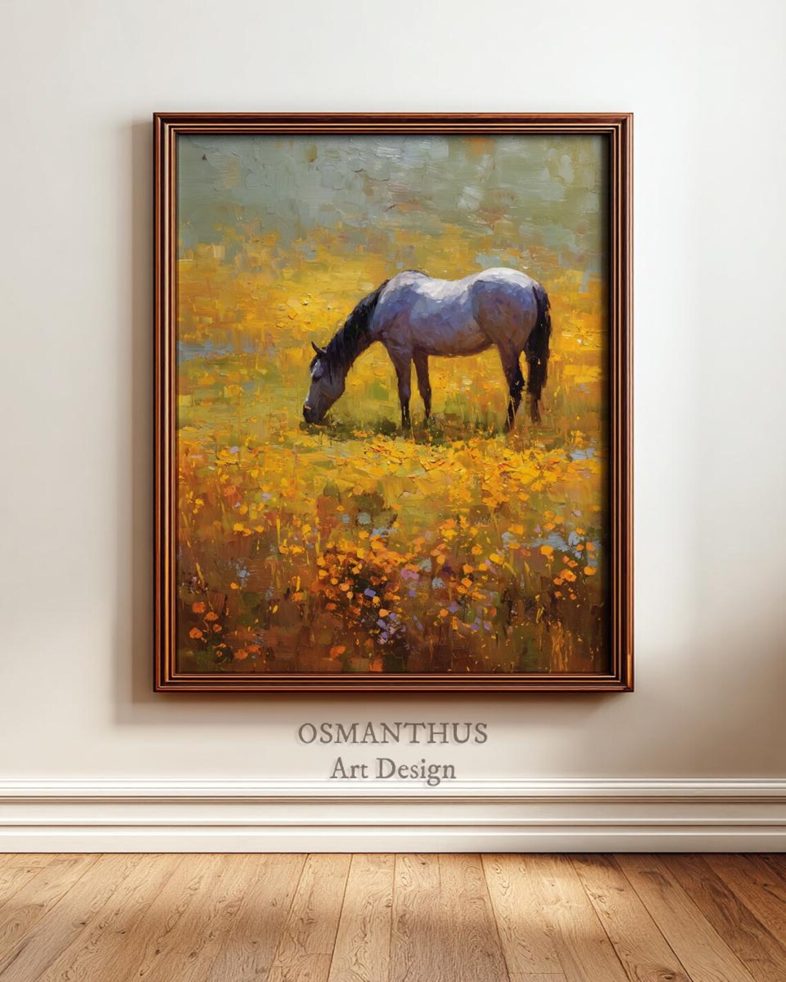 Gray Horse Grazing Wildflower Meadow Impressionist Oil Poster
