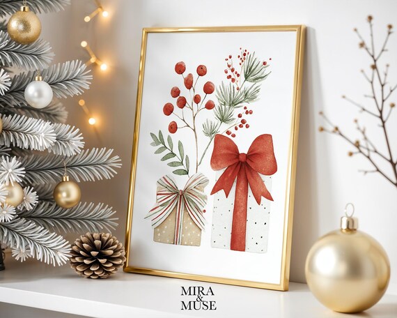 Christmas Gifts Poster Watercolor Holiday Wall Art Festive Botanical Decor